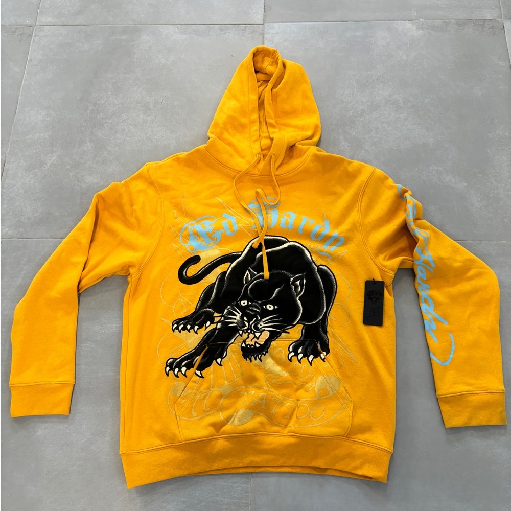 Ed Hardy Yellow Hoodie with Panther Design